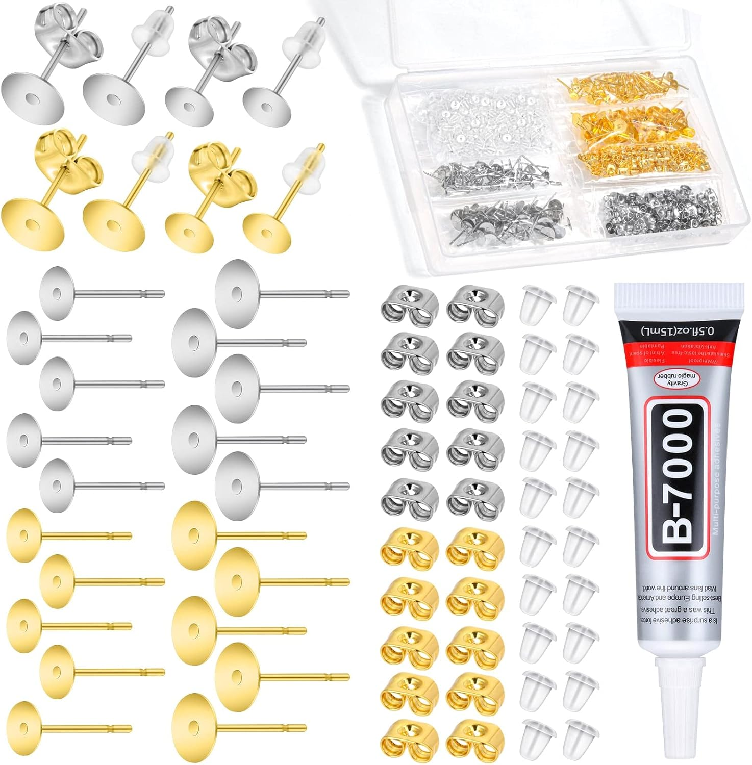 Anezus Jewelry Glue with 600Pcs Stainless Steel Earring Posts and Backs - Silver and Gold Posts with Rubber Backs for Jewelry Making