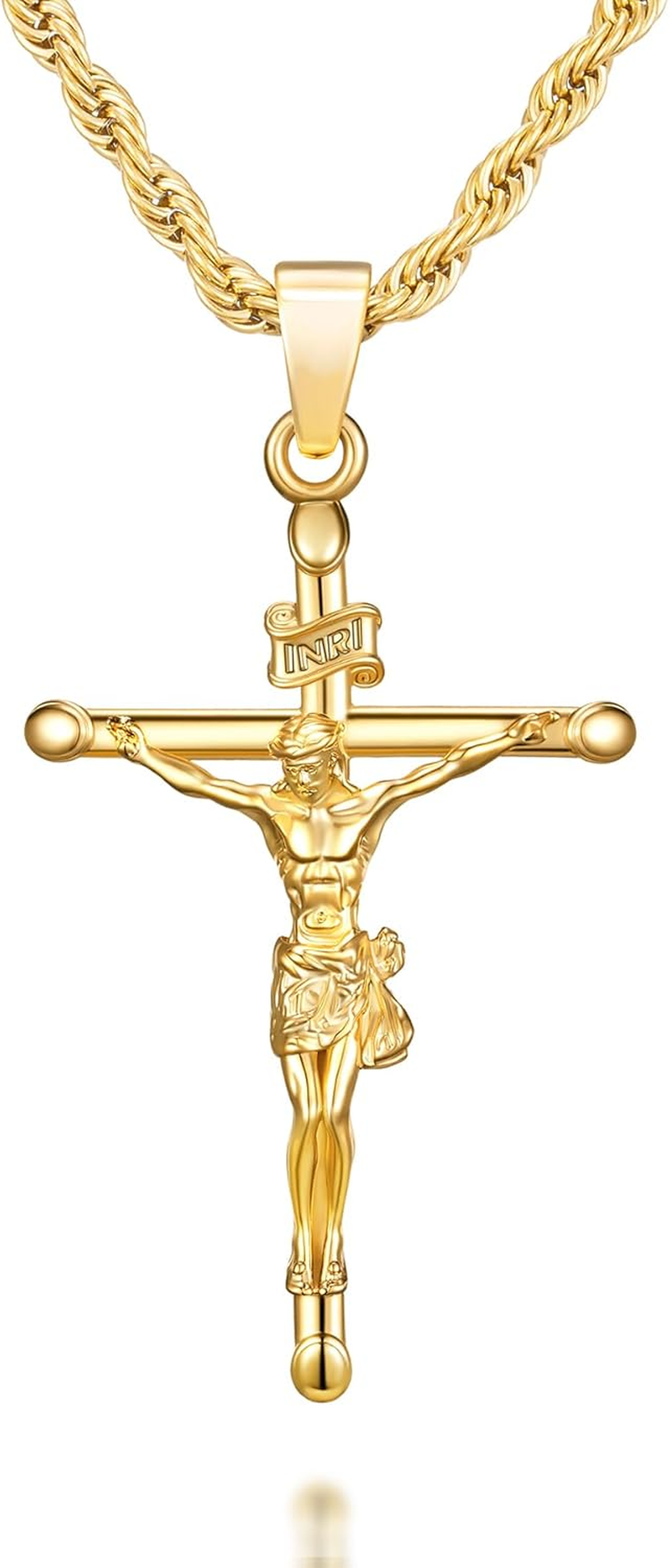 18K Gold over S925 Crucifix Necklace for Men with Rope/Cuban Chain, Catholic Jesus Cross Pendant, Men'S Religious Gift for Easter Christmas