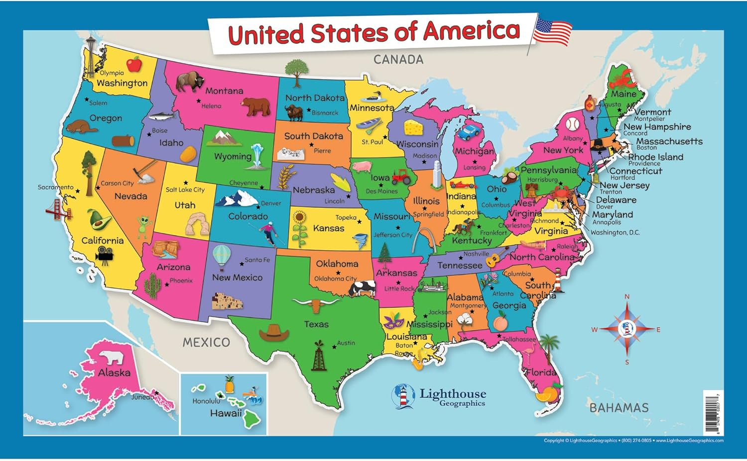 USA Wall Map for Kids with Illustrations- United States Poster Map for Home or Classroom, (18” X 29” Laminated)