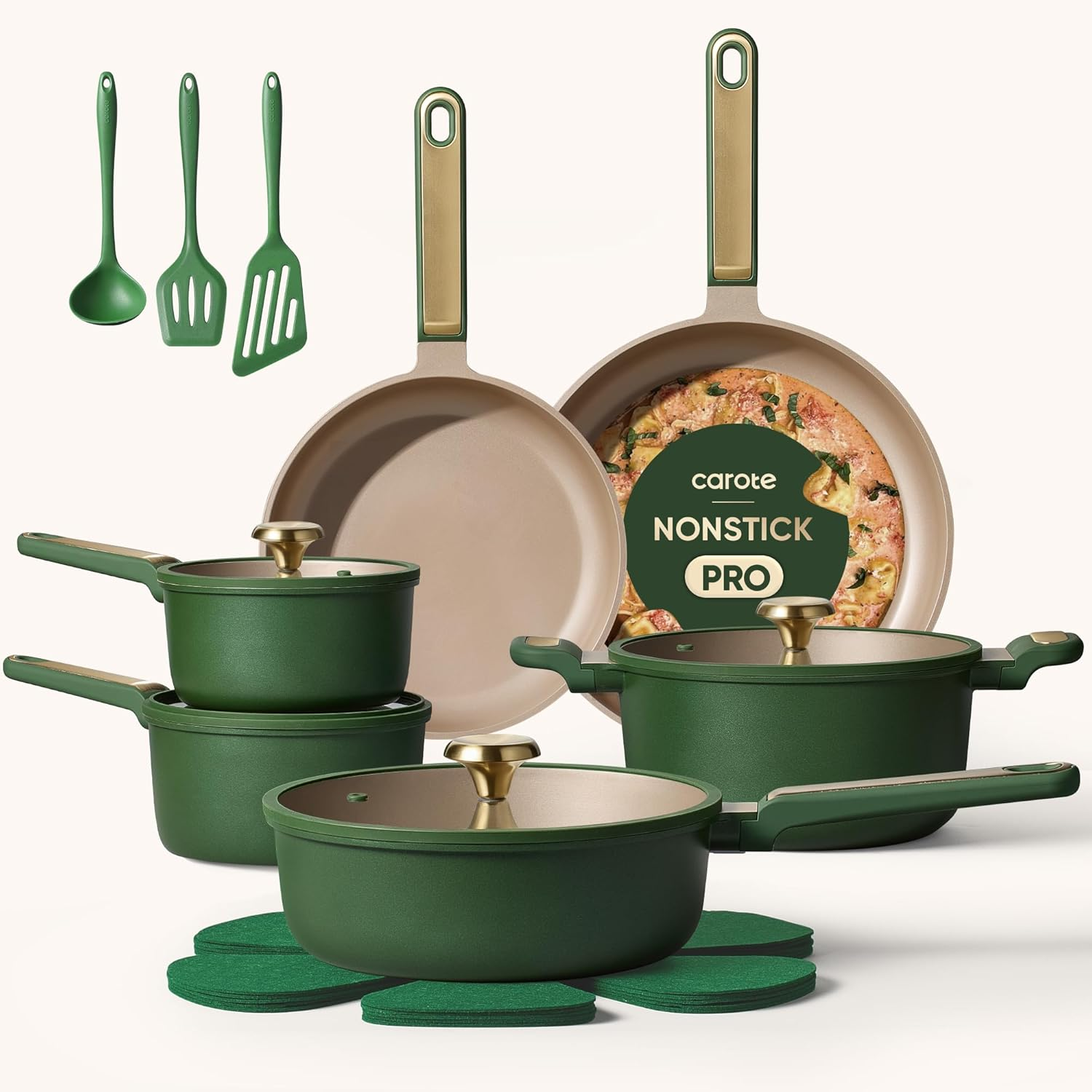 Pots and Pans Set, 18Pcs Non Stick Cookware Set, Induction Ready Cooking Set, Non-Toxic, Green