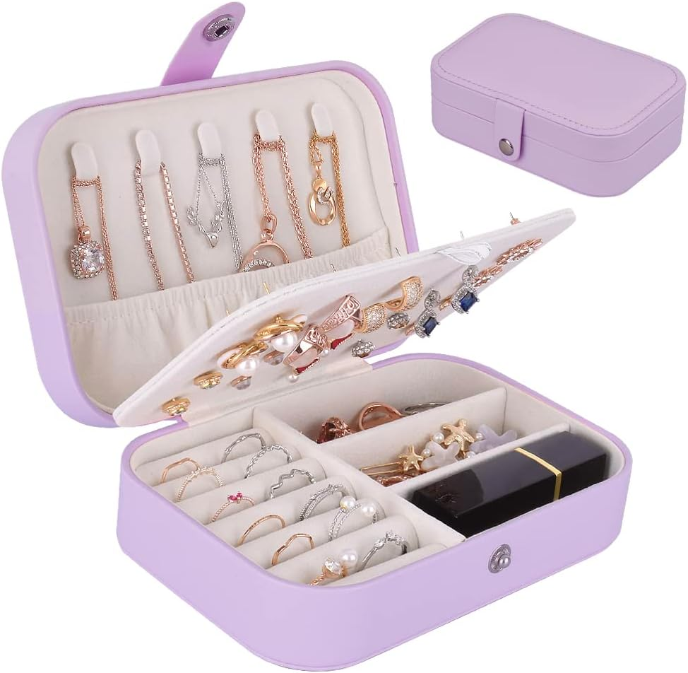 Jiemei Jewelry Box, Travel Jewelry Organizer Cases with Doubel Layer for Women’S Necklace Earrings Rings and Travel Accessories (Purple)