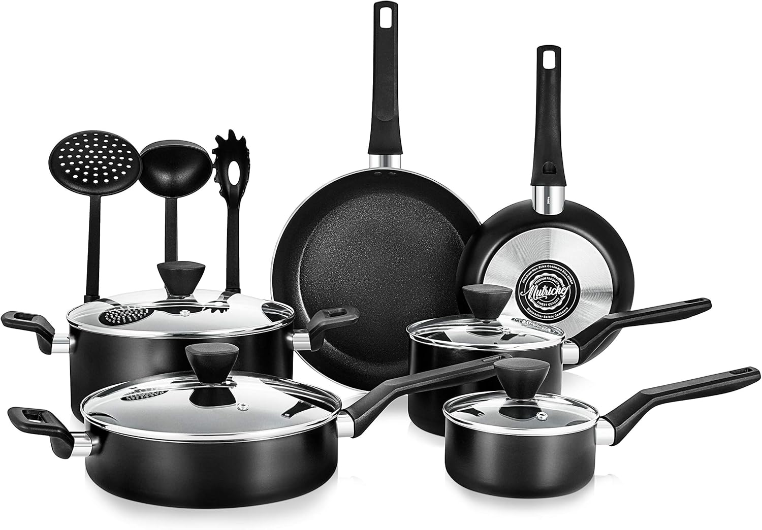 kitchen 13-Piece Nonstick Kitchen Cookware Set -PTFE/PFOA/PFOS Free Heat Resistant Kitchen Ware Pots Pan Set W/ Saucepan,Frying Pans,Cooking Pots,Casserole,Lids,Ladle,Fork,Strainer-Nccwa13.5
