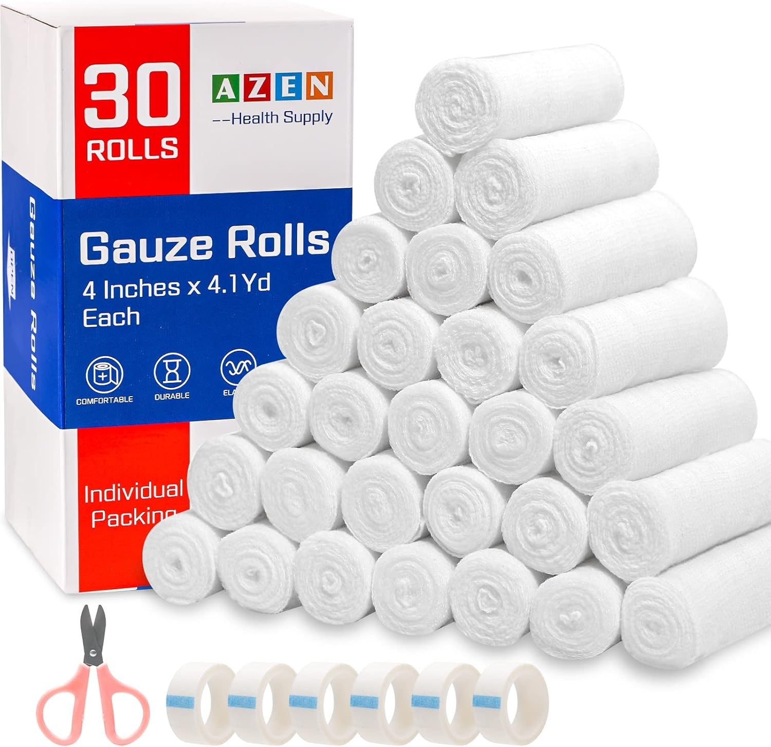 30 Pack Gauze Rolls Bandages, 4 in X 4.1 Yards, Premium Medical Supplies & First