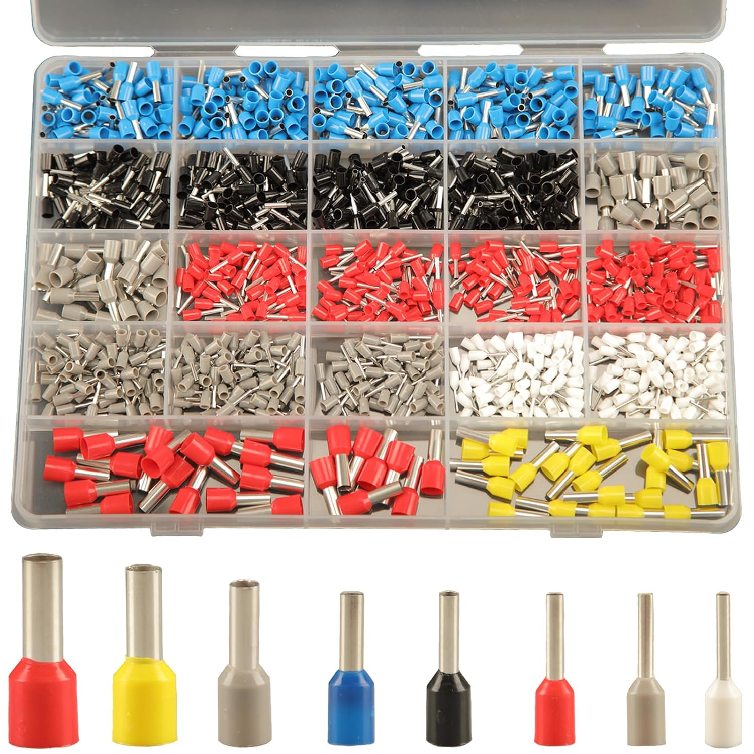 1200pcs Wire Ferrule Terminals Kit - 8 Types AWG 22-7 Connectors, Pin Terminal Assortment, Copper Crimp Connector Insulated Cord End Terminal