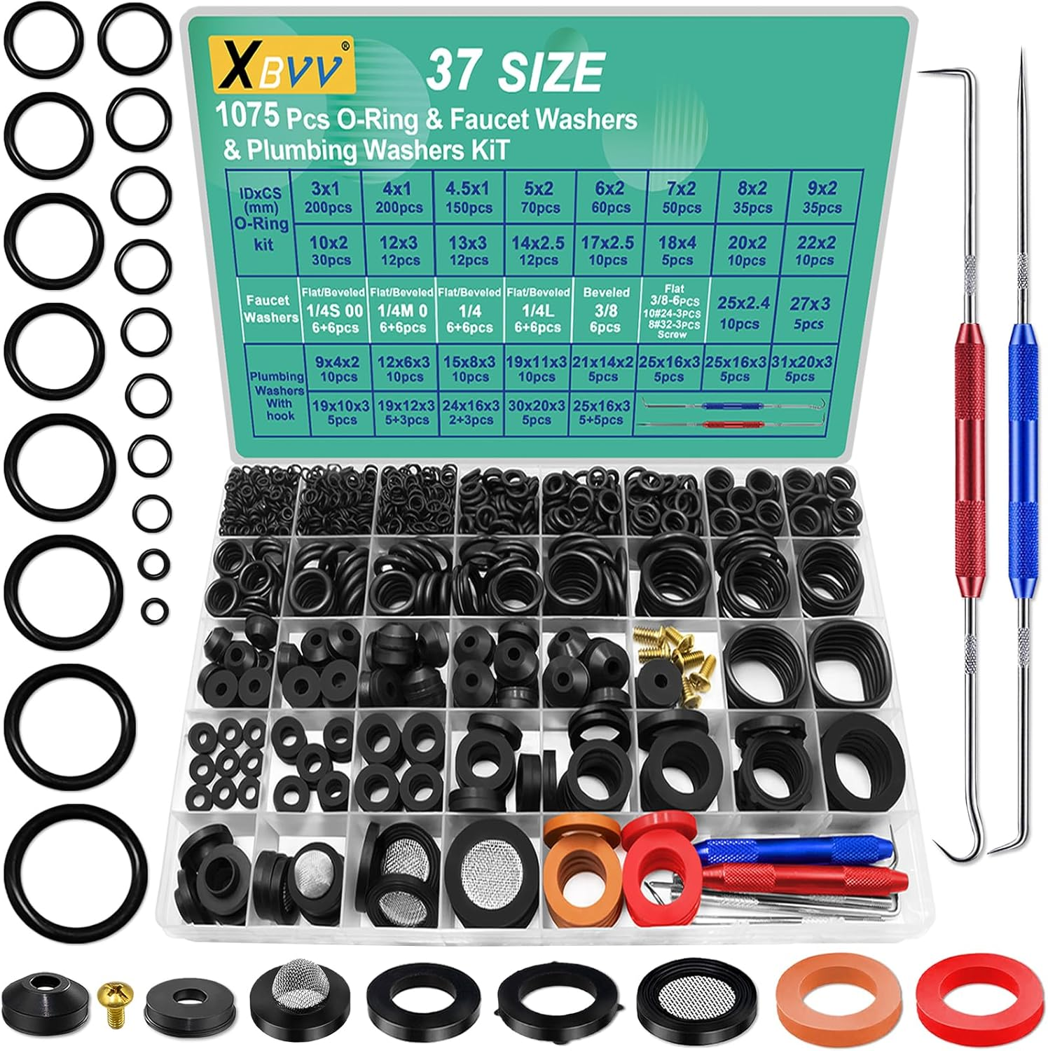 37 Size 1075 Pcs Faucet Washers & O-Rings Kit & Plumbing Gasket 3-In-1 Home Universal Rubber Washers Assortment Kit for Faucet Hose Spigot Plumbing Seal Repair with Pick Hook