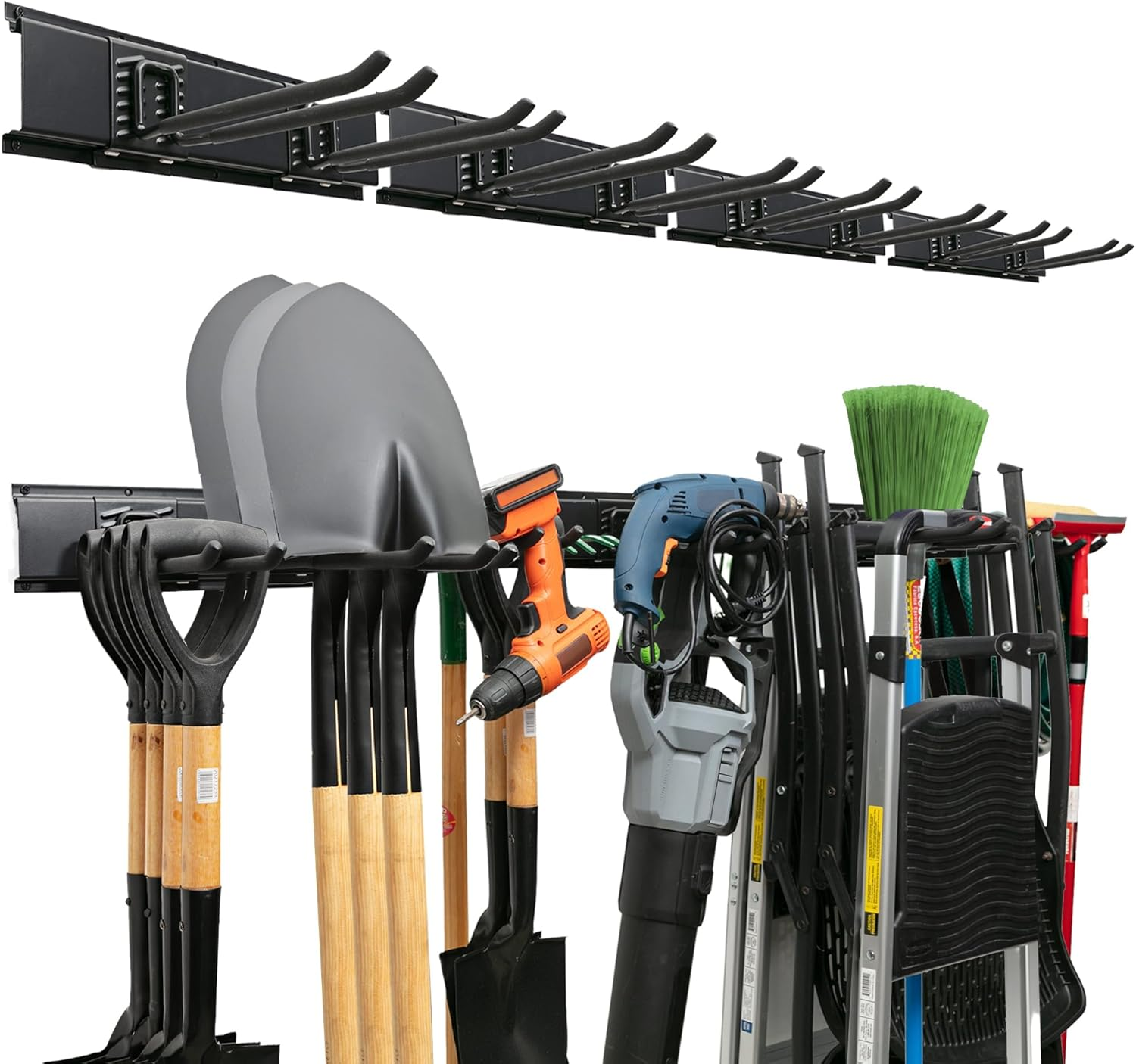 Garage Tool Organizer Wall Mount - 64 Inches - Sturdy Storage Rack with Adjustable Hooks, Anti-Rust - Easy Installation, 400Lbs Capacity - Garden Tool Organizer (04 Racks & 08 Hooks)