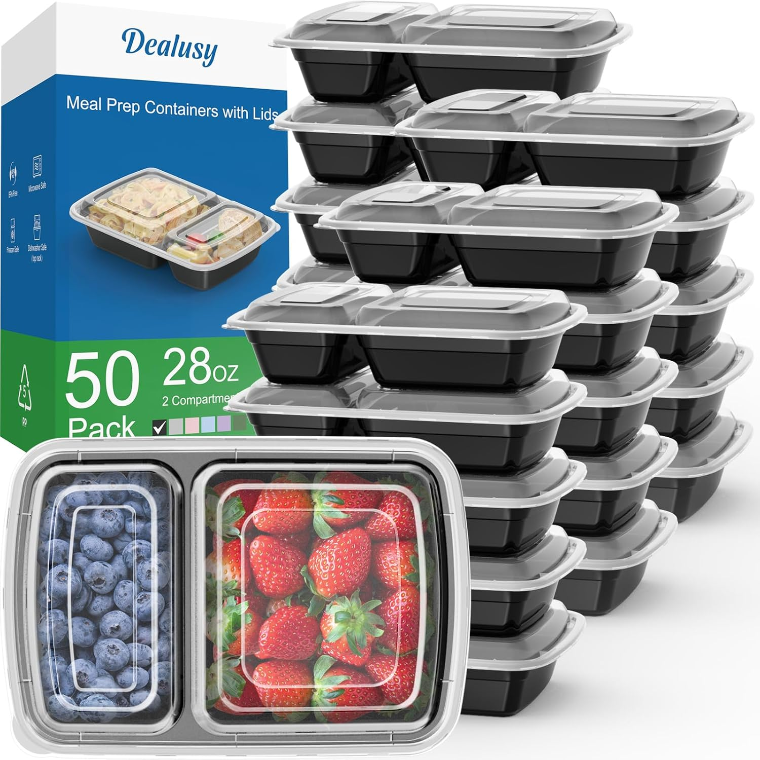 50 Pack (100-Piece) 28 Oz Meal Prep Containers Reusable with Lids 2-Compartment, Sturdy Leakproof Food Safe, Microwave Freezer Dishwasher Safe, to Go Take Out Plastic Food Storage, Black