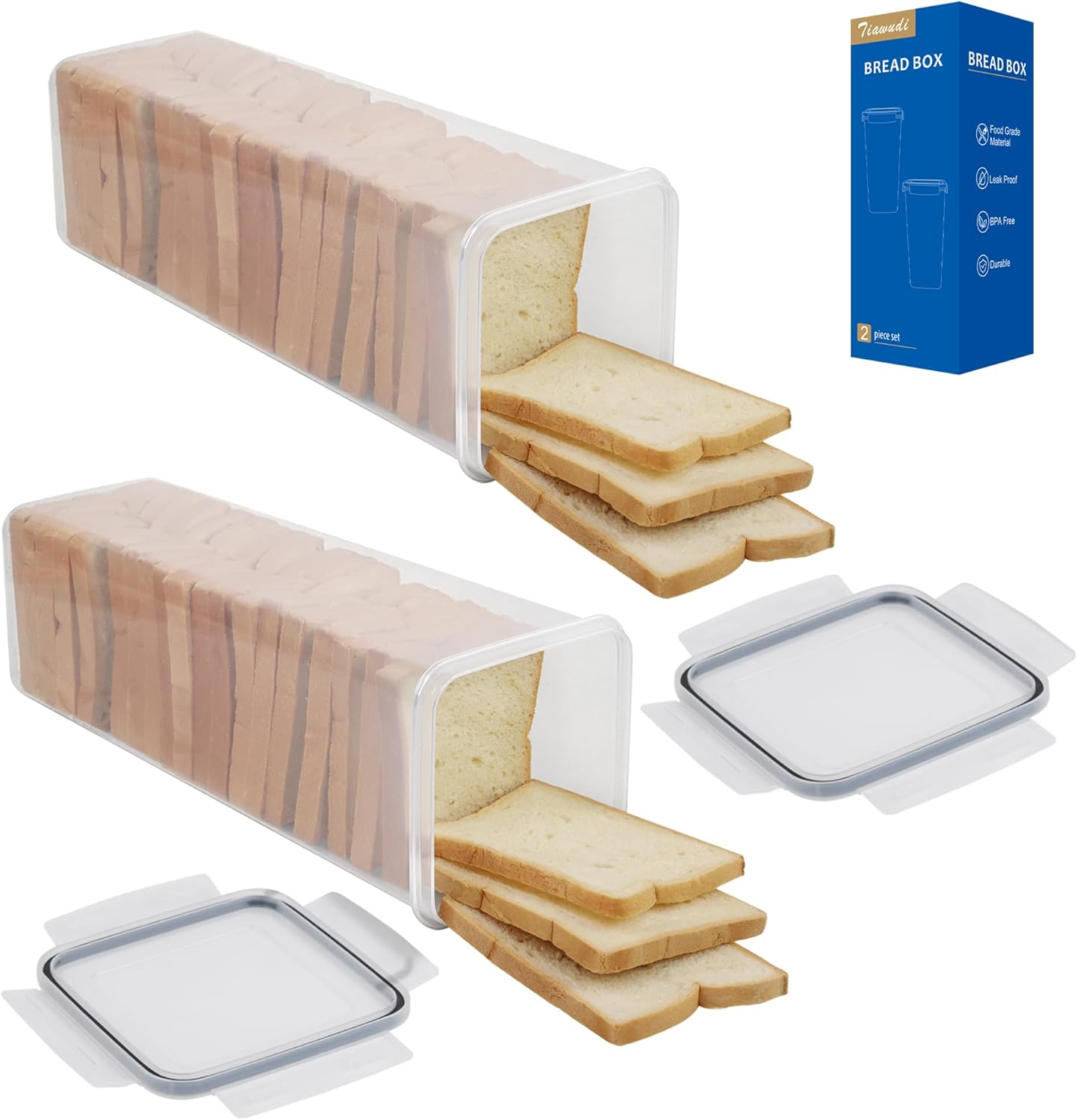 2 Pack Bread Box, Plastic Bread Container, Bread Storage for Kitchen Counter, Bread Keeper with Airtight Lid, Tall Bread Saver, Sandwich Bread Holder, 5.6 Qt / 5.3L Each