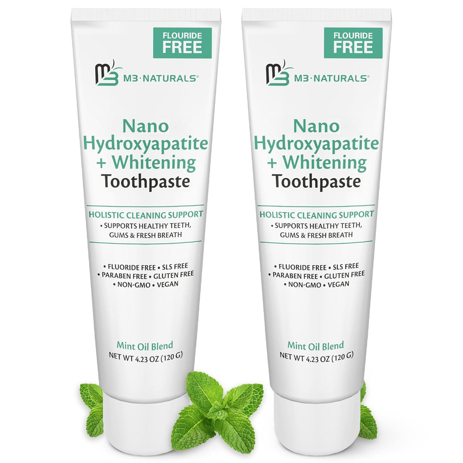 Nano Hydroxyapatite Fluoride Free Whitening Toothpaste + Calcium, Non-Gmo, Vegan, Paraben Free, 4.23 Oz (120 G) 2 Pack by M3