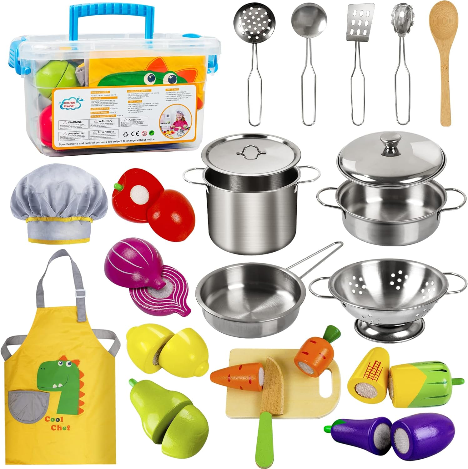 Play Kitchen Accessories, Wooden Play Food, Cooking Set with Stainless Steel Cookware Pots and Pans Utensils, Apron, Chef Hat, ​Cutting Food Kitchen Playset for Girls and Boys