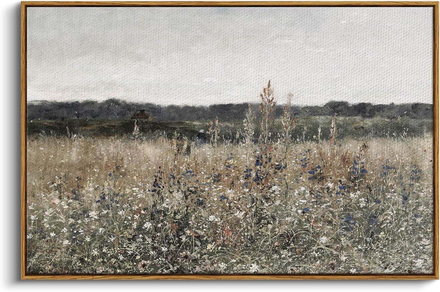 Framed Canvas Wall Art Vintage Decor, Landscape Wall Art, Meadow with Flowers Art, Modern Farmhouse Decor, Cottagecore Bedroom Bathroom Office Decorations, 24