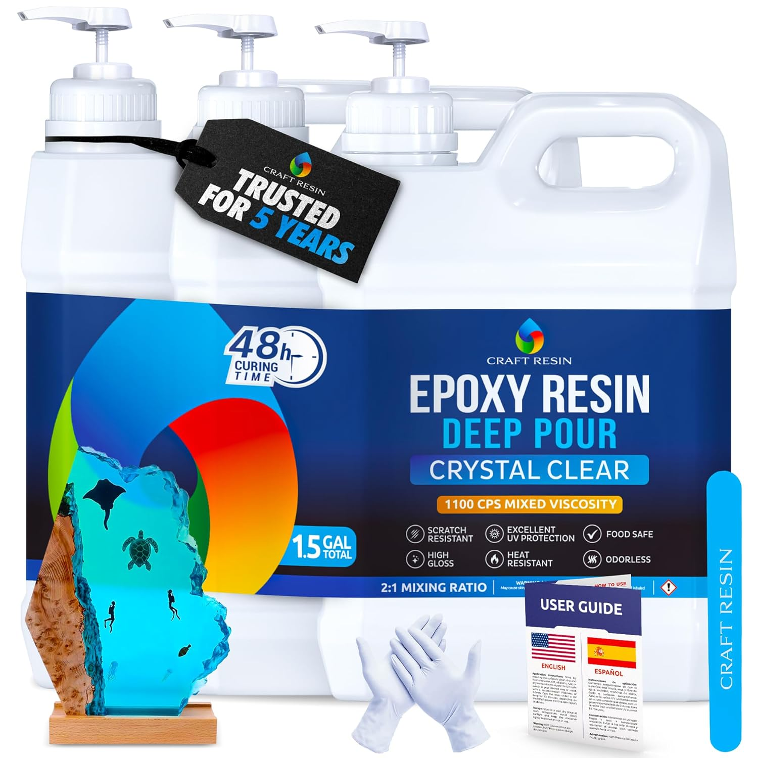 CRAFT RESIN 1.5 Gallon Crystal Clear Deep Pour Epoxy Resin Kit with Pumps - Food Safe & UV Resistant Best for DIY, Art, River Table, Wood, Flower, Mold Casting Resin Epoxy Kit - for Beginners & Pros