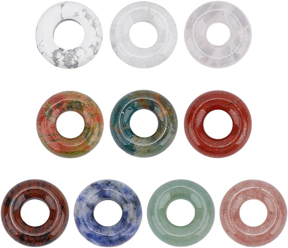 10 Stück 10 Stil Natürlicher Donut Charm 15Mm Gemischter Edelstein Hohlkreis Anhänger Flache Runde Scheibenanhänger Großes Loch Baumeln Charm