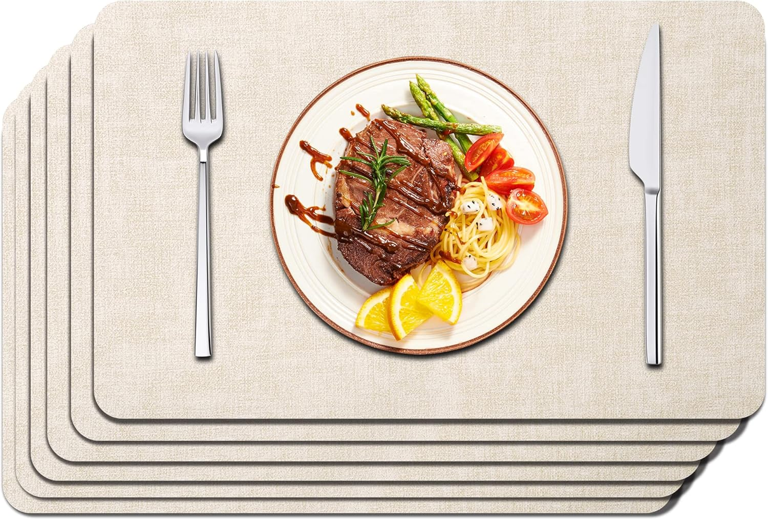 Faux Leather Placemats Set of 6 - Waterproof - Wipe Clean - Heat Resistant - anti Slip Dining Table Place Mats, Suitable for Indoor & Outdoor Use, 17’’×12’’, Beige