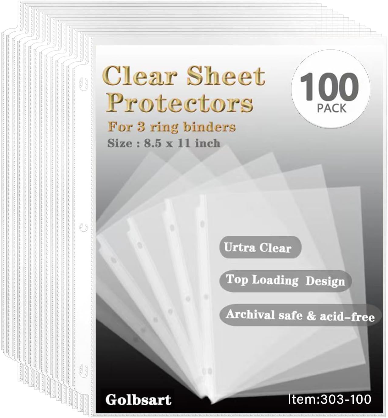 Sheet Protectors 8.5 X11 Inch, 100 Pack Page Protectors for 3 Ring Binder, Top Loading Plastic Sleeves with Reinforced 3-Hole Punch for Binders, Letter Size, for Documents and Photos, Office Supplies.