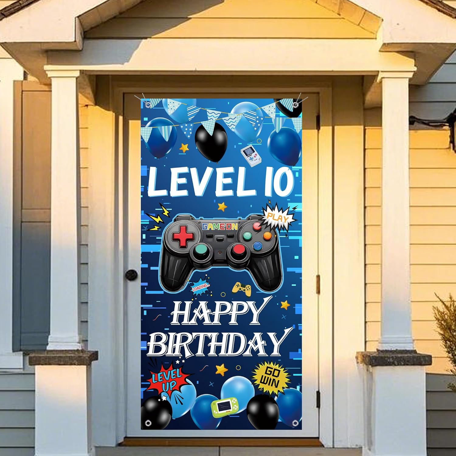 10Th Birthday Decorations Door Banner - Blue Gaming Backdrop Double Digits Boys Girls, Happy Birthday Large Size Porch Sign Background for Gamer Theme 10 Years Old Party Supplies