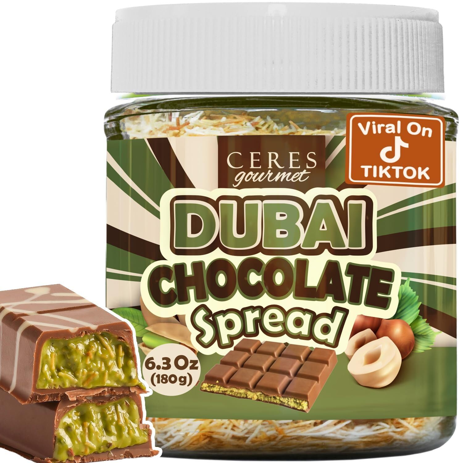 Dubai Chocolate Spread – 6.35 Oz Jar with Pistachio, Kataifi & Gourmet Dubai Chocolate Filling for Pancakes, Breakfast, Snacks, and Desserts