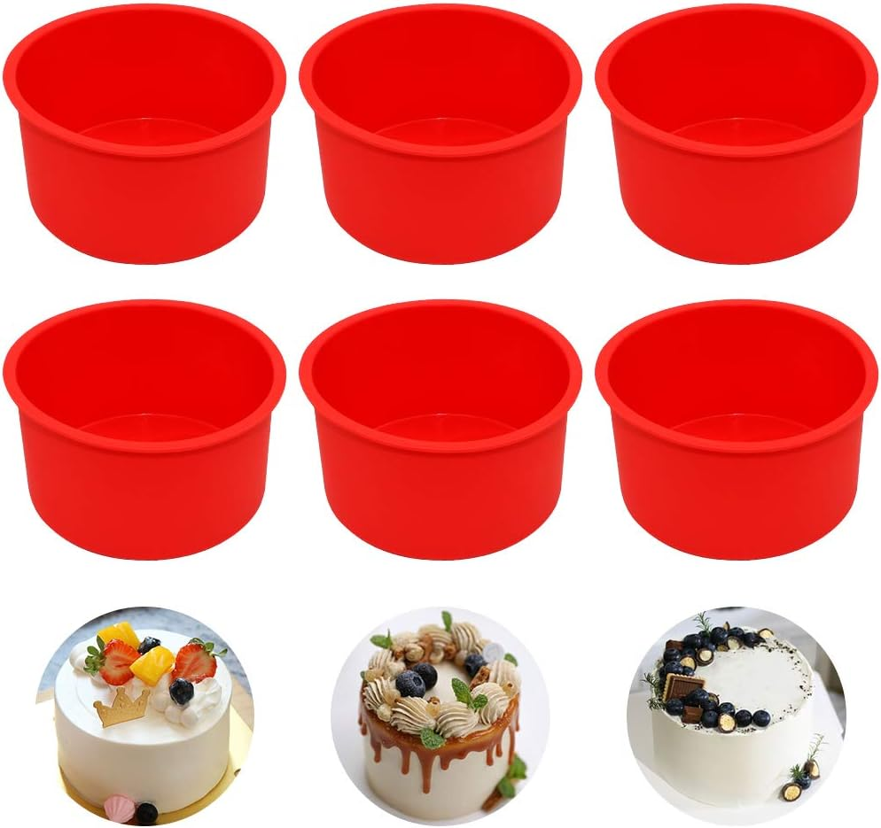 Silicone Cake Mold Baking Pan round 4 Inch Non-Stick Bakeware Pan Reusable Cake Pan, Red, Set of 6