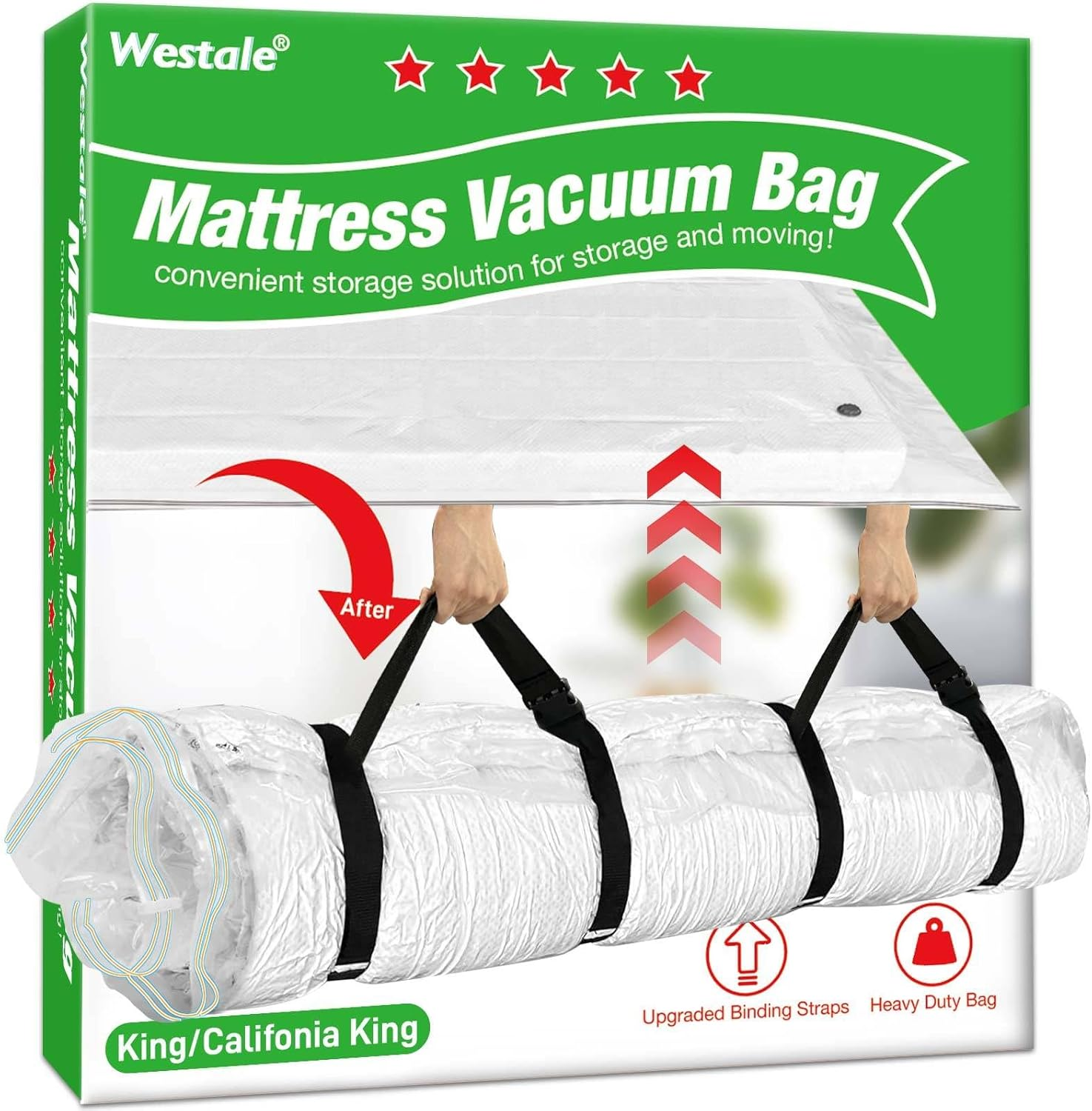 Mattress Vacuum Bag King/California King New Upgraded Straps for Moving Leakproof Double Zip Seal Mattress Compression Vacuum Storage Bags Space Saver for Memory Foam & Latex Mattress