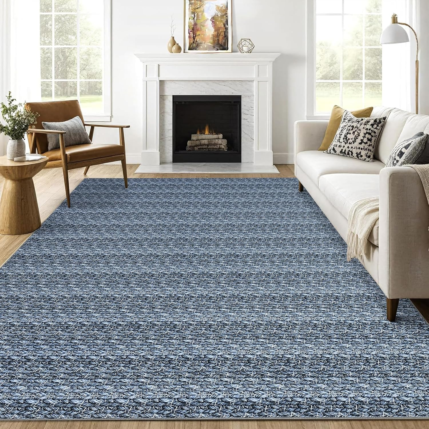 Area Rug 5X7 Braided Print Rug Machine Washable Rug Solid Printed Textured Throw Rug Non Slip Low Pile Accent Rug Indoor Floor Cover Farmhouse Carpet for Living Room Bedroom, Blue