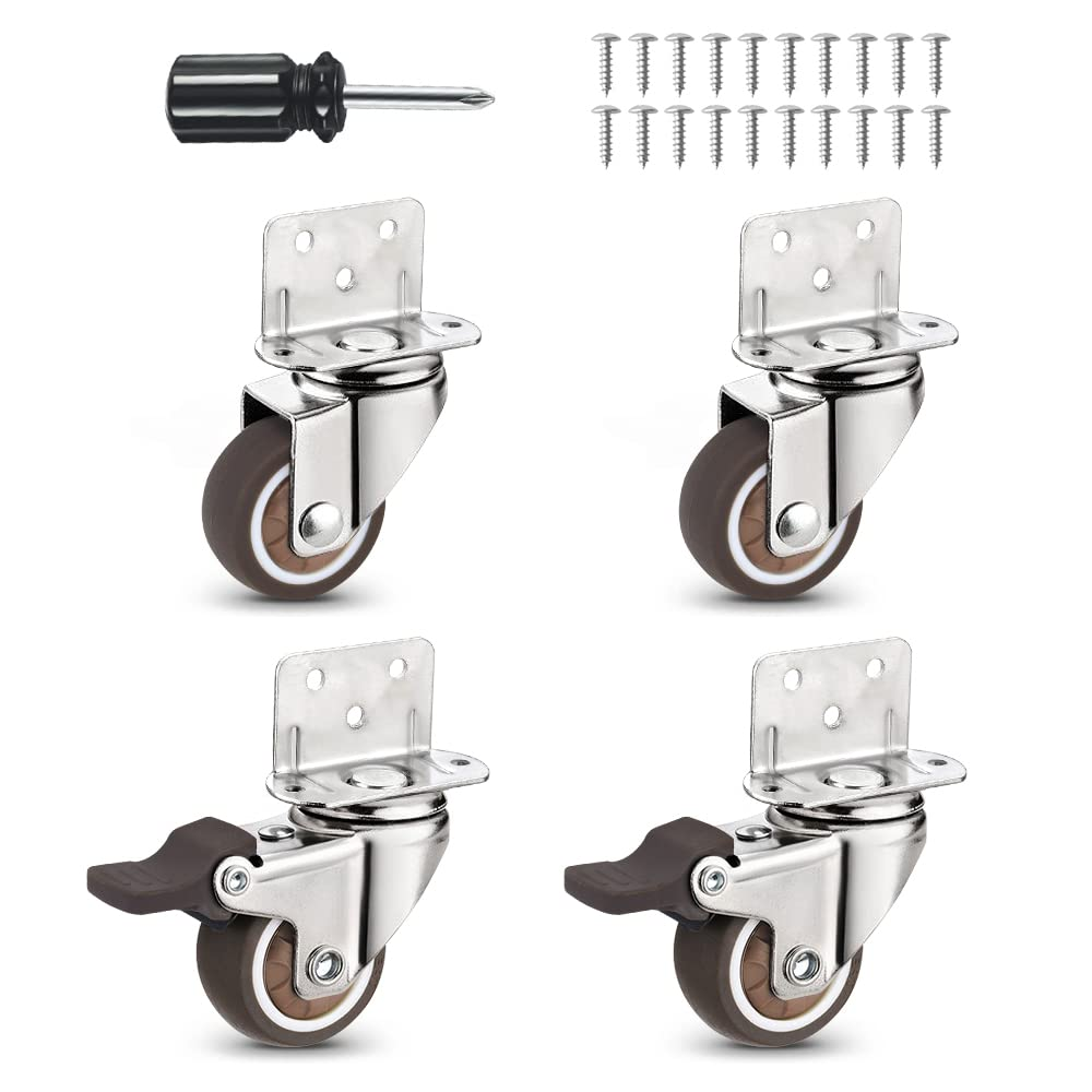 Heavy Duty Casters Set of 4 with Brake,L-Shape Side Mount TPR Plate Caster Wheels Replacement for Baby Bed, Carts Trolley, Kitchen Cabinet, Furniture, Table, Loading Capacity 80 Lbs (1” L-Shape)