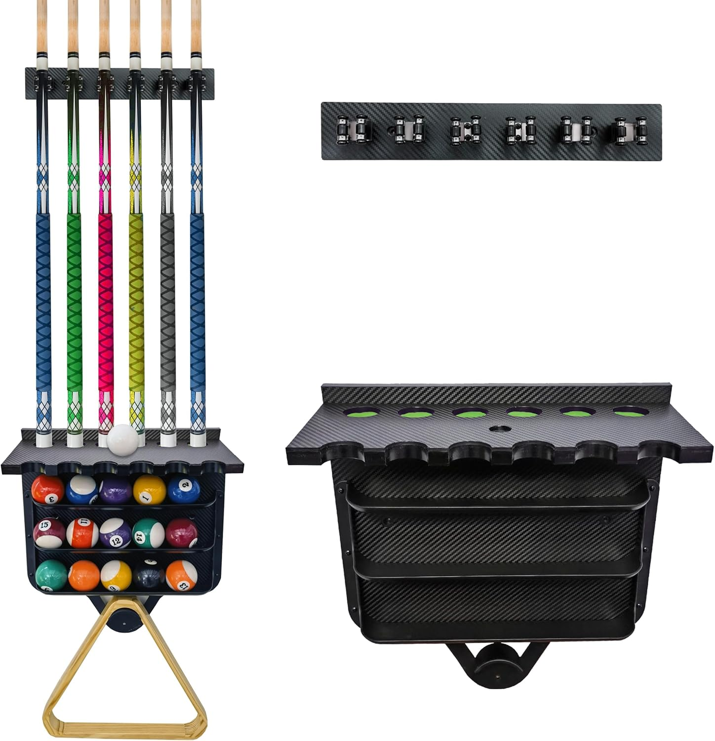Pool Stick Holder Wall Mount | 6 Cue Rack with Ball Holder & Cue Rest | Engineering Polypropylene Board with Carbon Fiber Veneer | Pool Cue Holder for Game Room & Pool Table Accessories