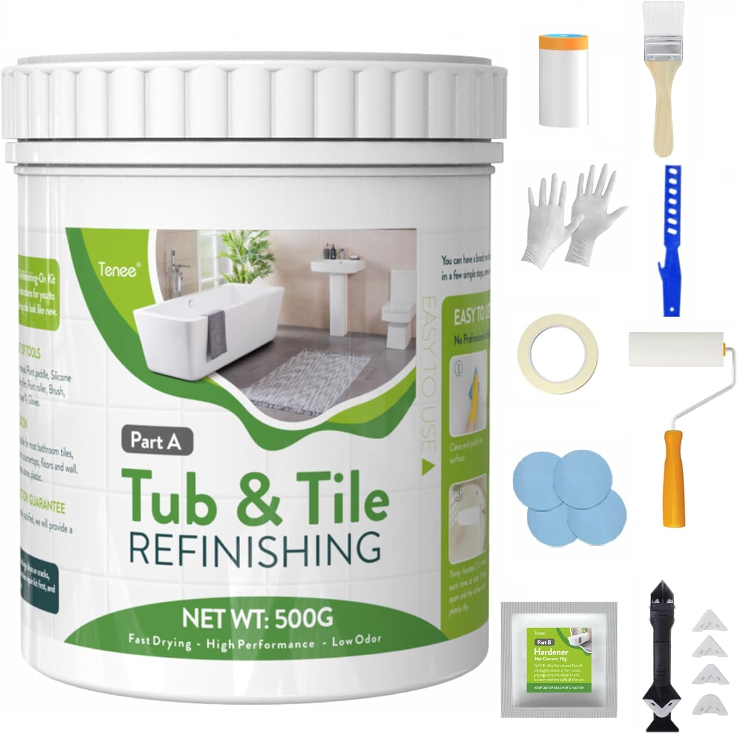 17Oz White Tub and Tile Paint, Low Odor Tub and Tile Refinishing Kit for Bathroom, Provides 25-30Sq.Ft Coverage with Semi-Gloss Finish, Bathtub Refinishing Kit for Kitchen, Shower, Sink, Fiberglass