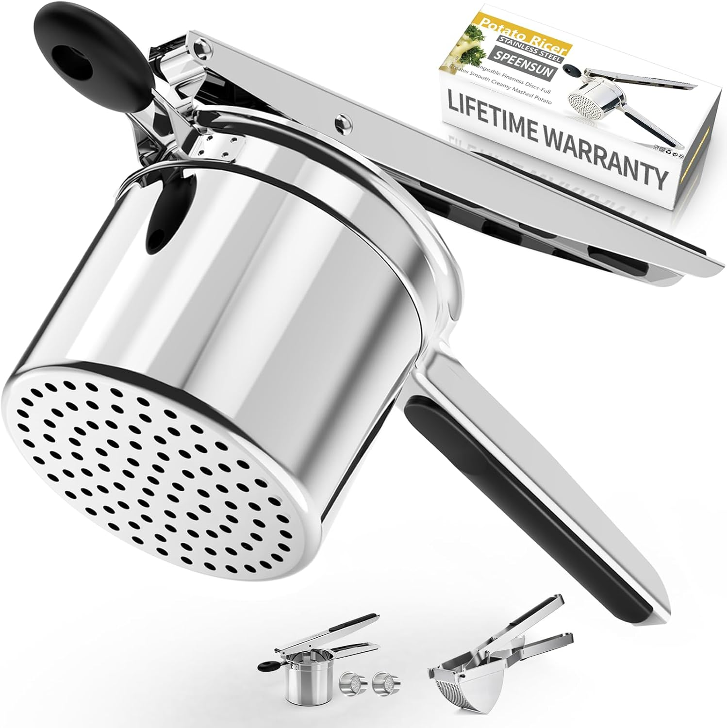 Potato Ricer,Potato Mashers,Large 15Oz Heavy Duty Stainless Steel for Fluffy Mashed Potatoes,Fixed Ricer Disc Potato Press without Messy,With Silicone Handle（Black