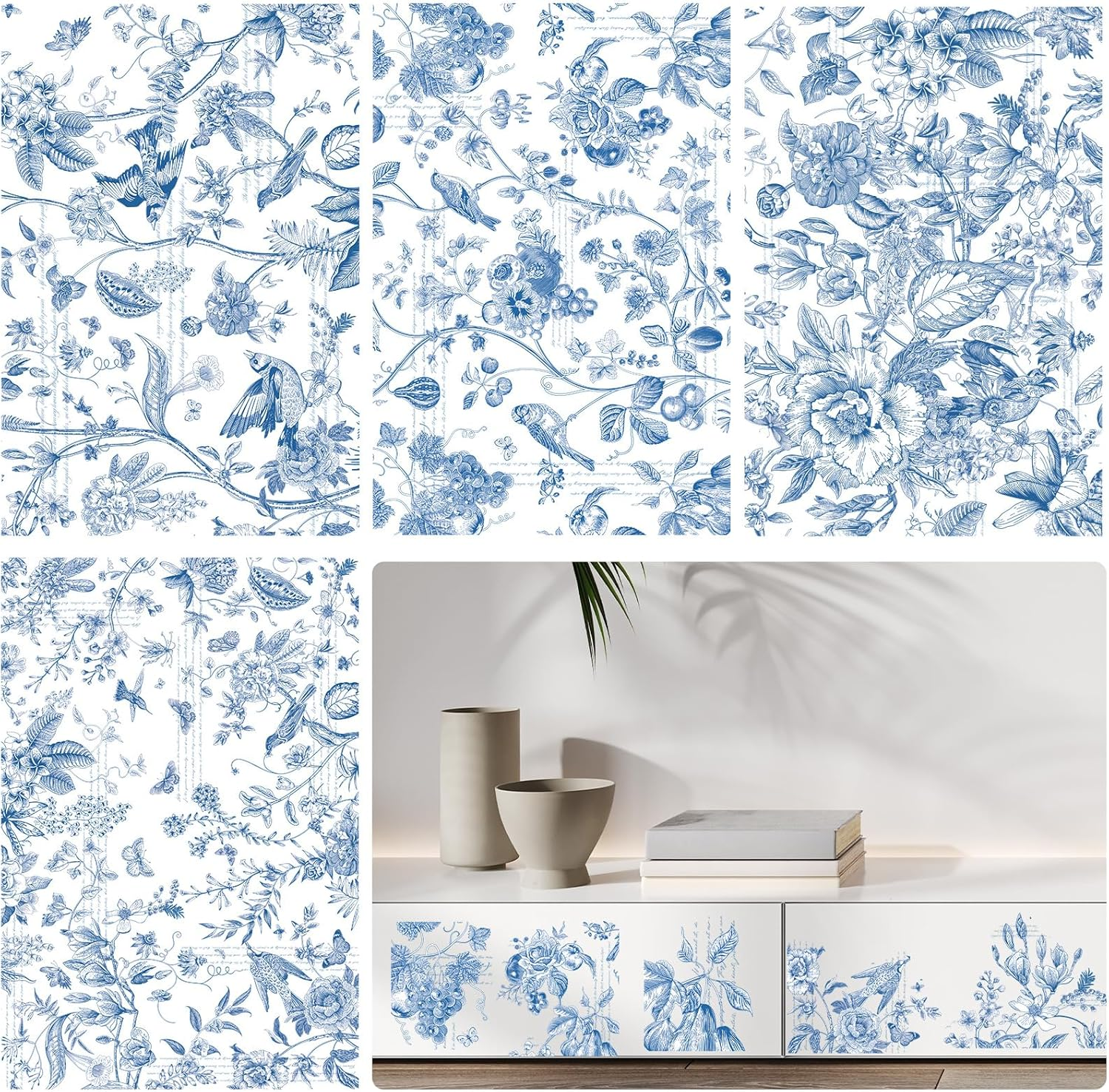 Vintage Rub on Transfers for Crafts - 4 Sheets Large Blue Flower Furniture Transfer Decals Floral  Designs UV DTF Stickers for Wood DIY Home Decor 7.68X11.4 Inch