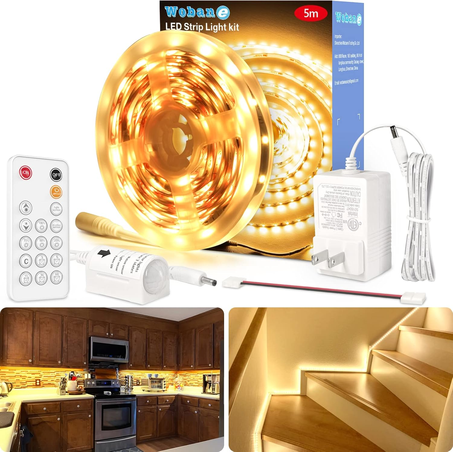 LED Strip Lights, Motion Sensor Light Strip with Remote and Adapter, Night Light, Dimmable Function, 16.4Ft Tape Lighting for Kitchen, under Cabinet, Bedroom, Shelf, Bed, 3000K Warm White