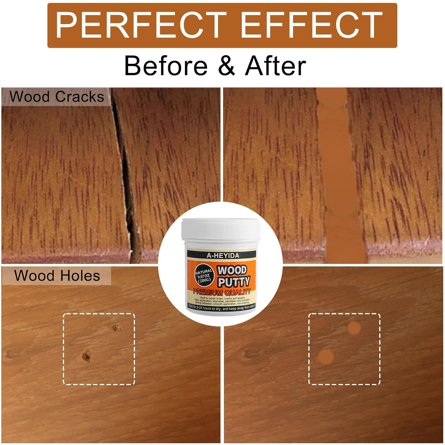 Wood Filler - Natural Wood Filler Putty for Repair Wood Cracks & Holes on Wooden Furniture, Hardwood Floor, Door, Cabinet - Wood Scratch Repair Kit for Trim Wood Filling, Paintable, Stainable