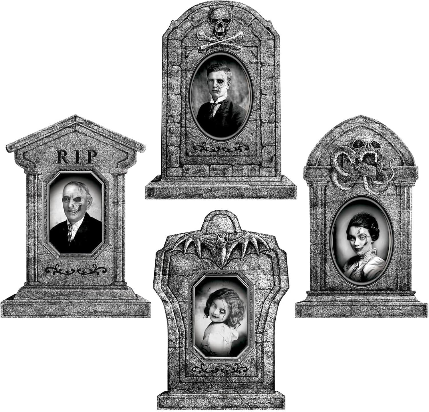 Graveyard Tombstones Halloween Decorations Outdoor: 4Pcs Extra Large Gravestones Yard Signs with Scary 3D Changing Face Photos, 22