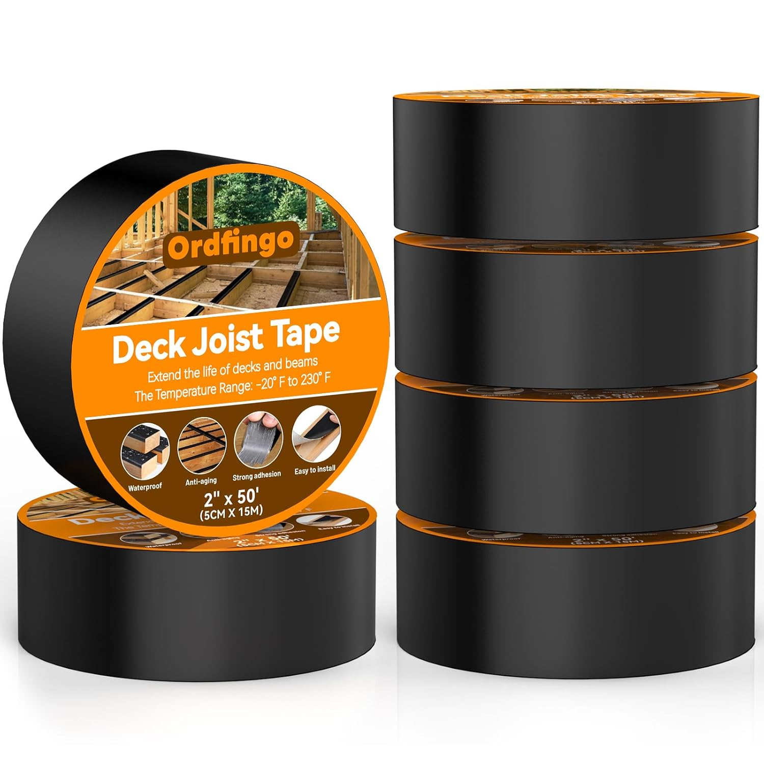 Joist Tape for Decking 2'' X 50'- 6 Rolls, Waterproof Butyl Deck Tapes 2 Inch, Weather Resistance, Anti-Corrosion, Self-Adhesive Flashing Decking Tape for Wood Joists Decks Beams