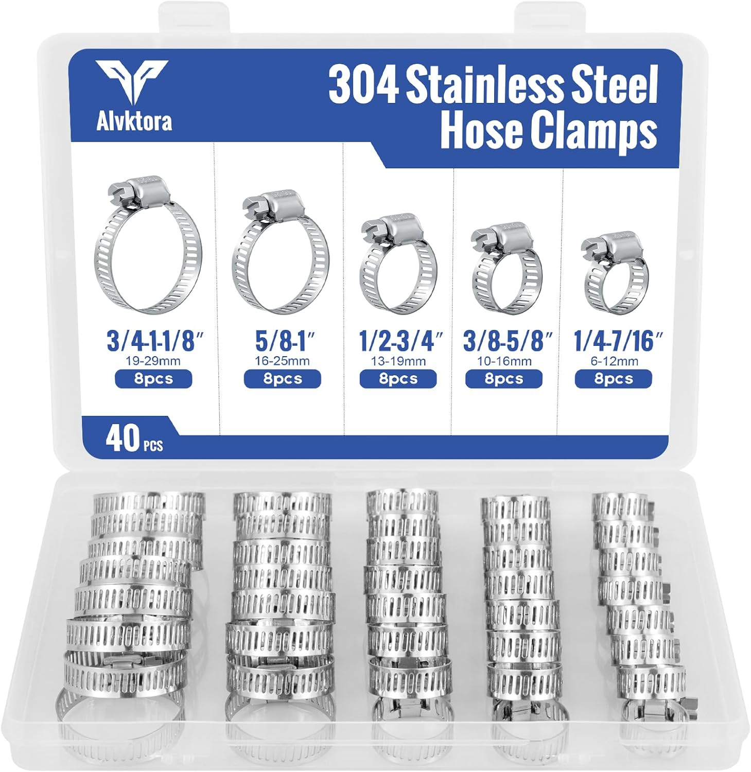 Hose Clamps, Small Worm Gear Hose Clamp Kit, Stainless Steel Worm Gear Hose Clamps for Radiator, Heater, 1 inch, 3/8 inch, 1/2 inch, 1/4 inch, 40 pcs