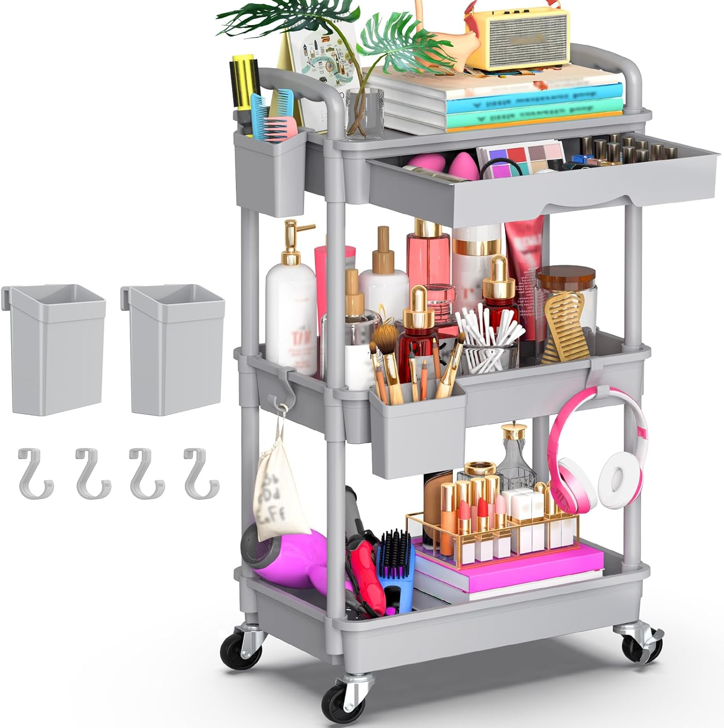 3 Tier Rolling Utility Cart Organizer with Removable Drawer, Stable and Sturdy Grey Rolling Storage Carts with 2 Lockable Wheels for Bathroom, Kitchen, Snack, Craft, Makeup, Baby Essentials