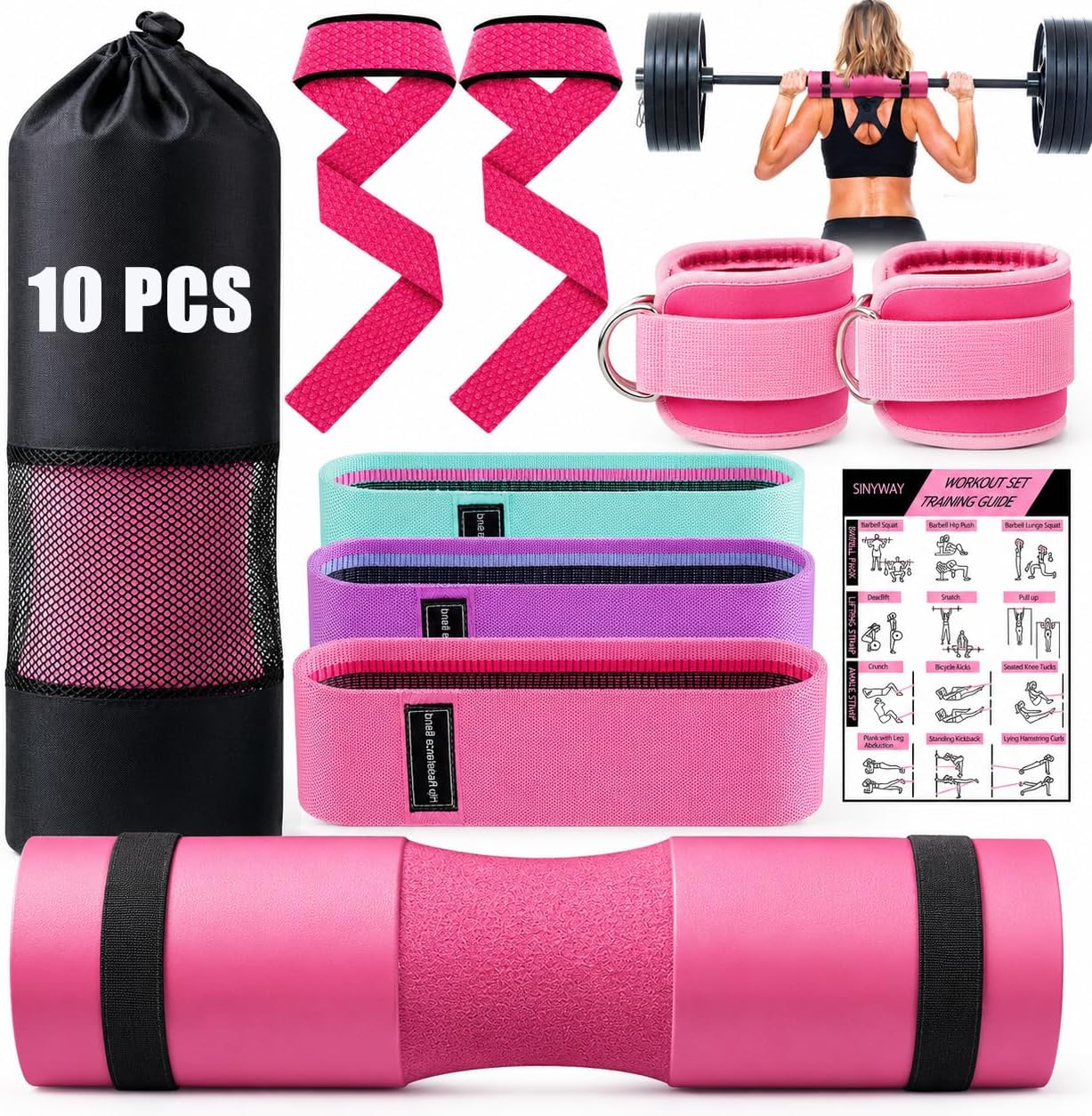 Barbell Pad Set for Squat, 9 Pcs Hip Thrust Pad for Barbell Lunges, Bench Press with Barbell Pad, 2 Gym Ankle Straps, 3 Hip Resistance Bands, 2 Lifting Strap, Carry Bag,Workout Poster