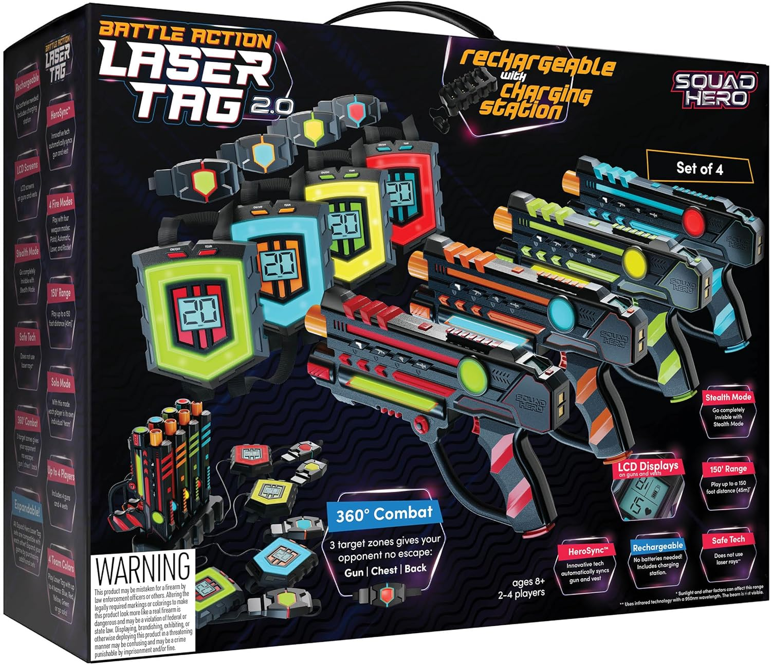 Squad Hero Rechargeable Laser Tag 360° Sensors + Lcds - Set of 4 - Easter Gift Ideas for Kids Teens and Adults Boys & Girls Family Fun - Cool Teenage Lazer Group Activity, Teen Gifts Ages 8+ Year Old