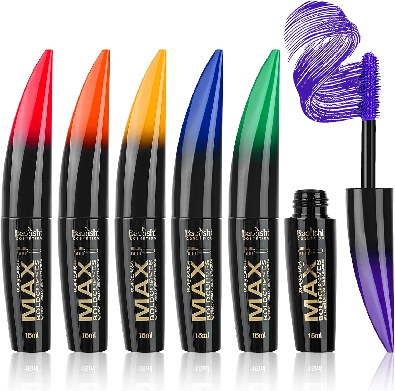 6 Colours Coloured Mascara, Waterproof Blue Purple Green Red Mascara for Length Volume, Long-Lasting Charming Rainbow Color 4D Silk Fiber Lash Volume-Effect