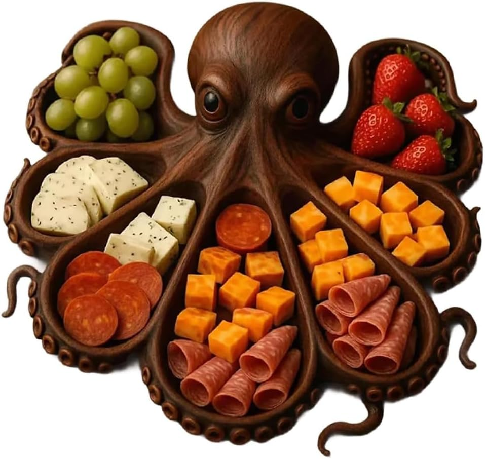 Octopus Charcuterie Board, Wooden Cheese Serving Tray | Nautical Charcuterie Board for Cheese, Meat, Fruit and Seafood, Perfect for Entertaining, Picnics and Housewarming Gifts