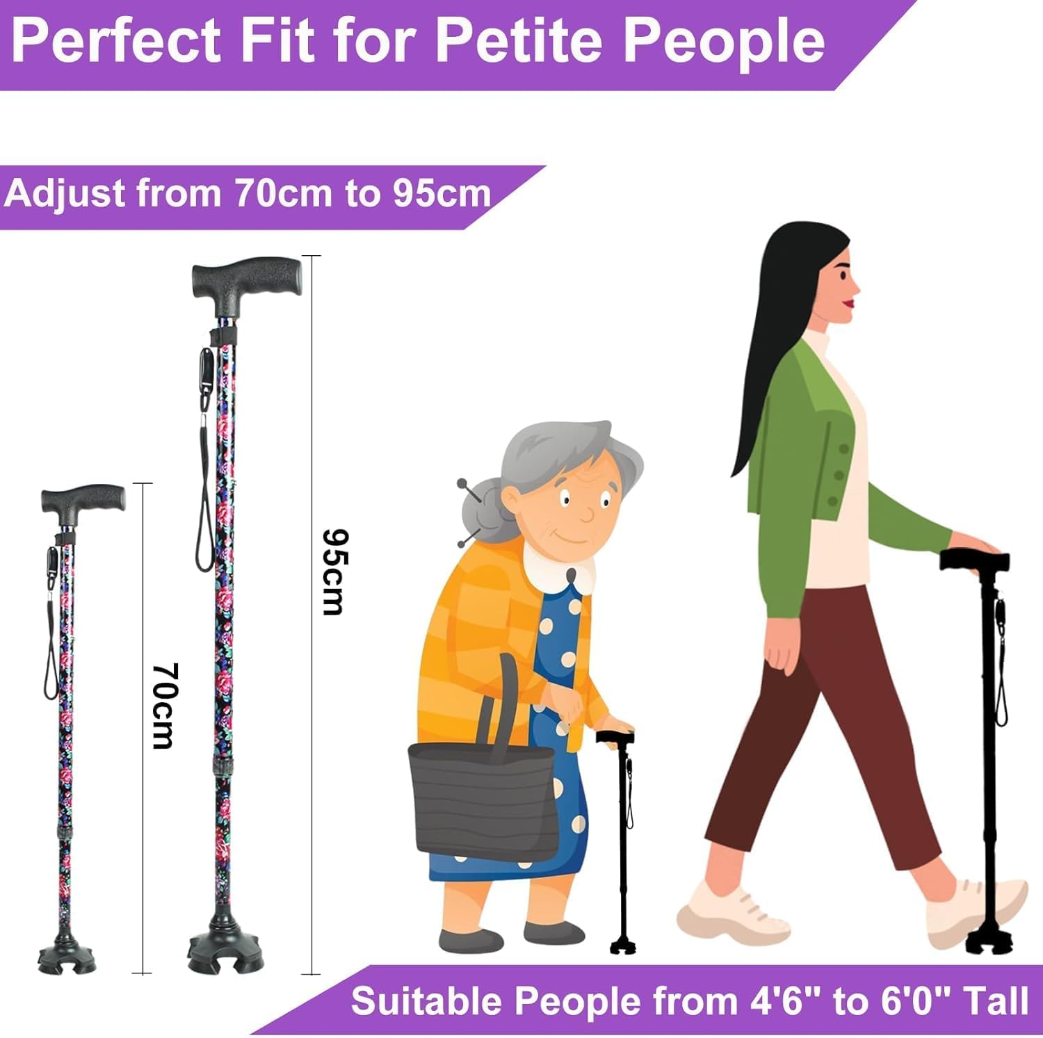BeGrit Walking Stick Adjustable Cane for Women Ergonomic Handle Stabilising Base - Picture 4 of 14