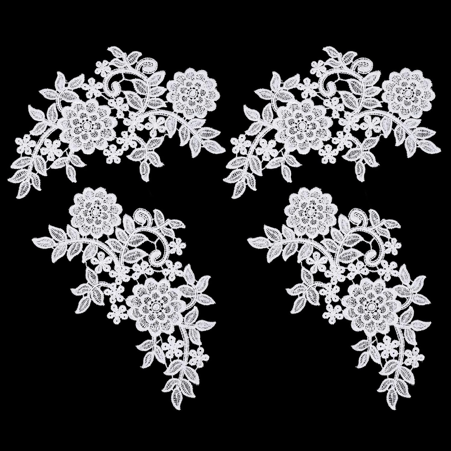 4PCS Lace Embroidery Patches, White Laces Appliques Embellishments, 3D Flowers Lace Applique, Vintage Soild Polyester Embroidery Patches for Sewing Making Dresses Clothes Wedding Decor Bags DIY Crafts