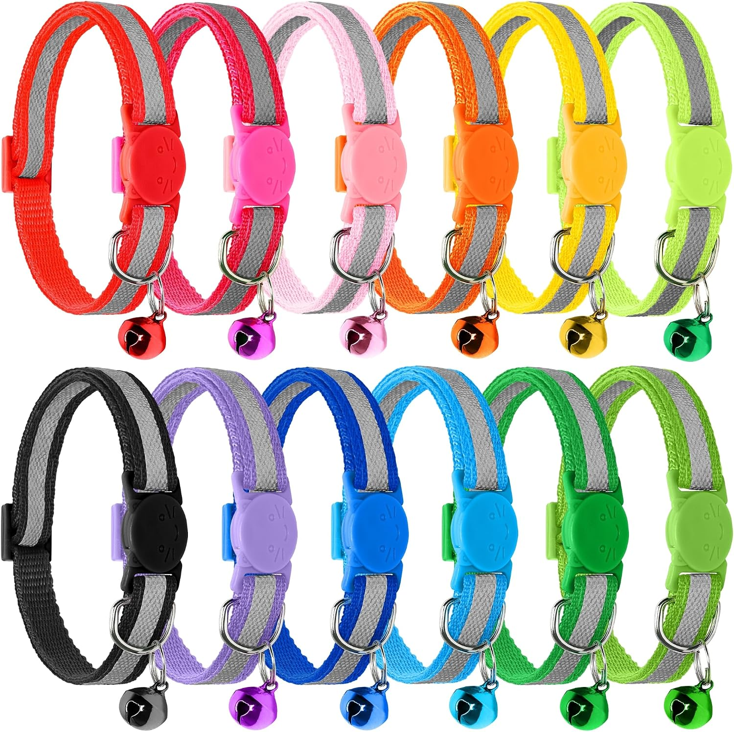 12 Pack Cat Collars Reflective Safety Quick Release Buckle Cat Collar for Cat Kitten Pet Breakaway with Bell Adjustable Large Hi Vis 20-34Cm for All Domestic Cats Male Female (Multi-Colored)