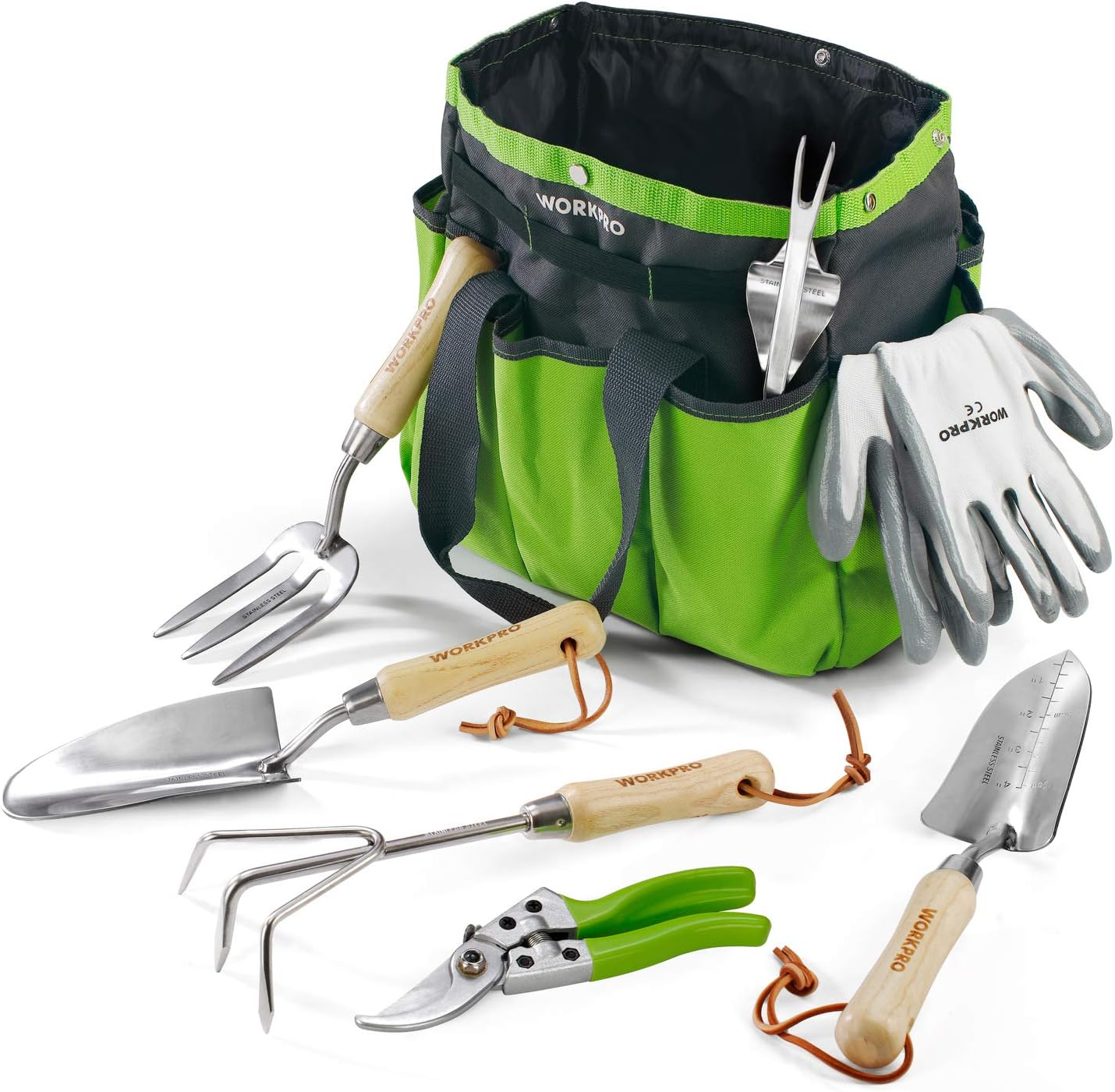 Garden Tools Set, 8 Piece, Stainless Steel Heavy Duty Gardening Tools with Wooden Handle, Including Garden Tote, Gloves, Trowel, Hand Weeder, Cultivator and More-Gardening Gifts for Women Men