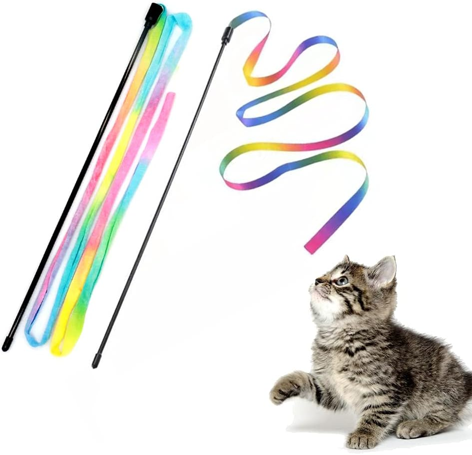 Interactive Cat Rainbow Wand Toys 2 Pack Teaser String Colorful Ribbon Charmer