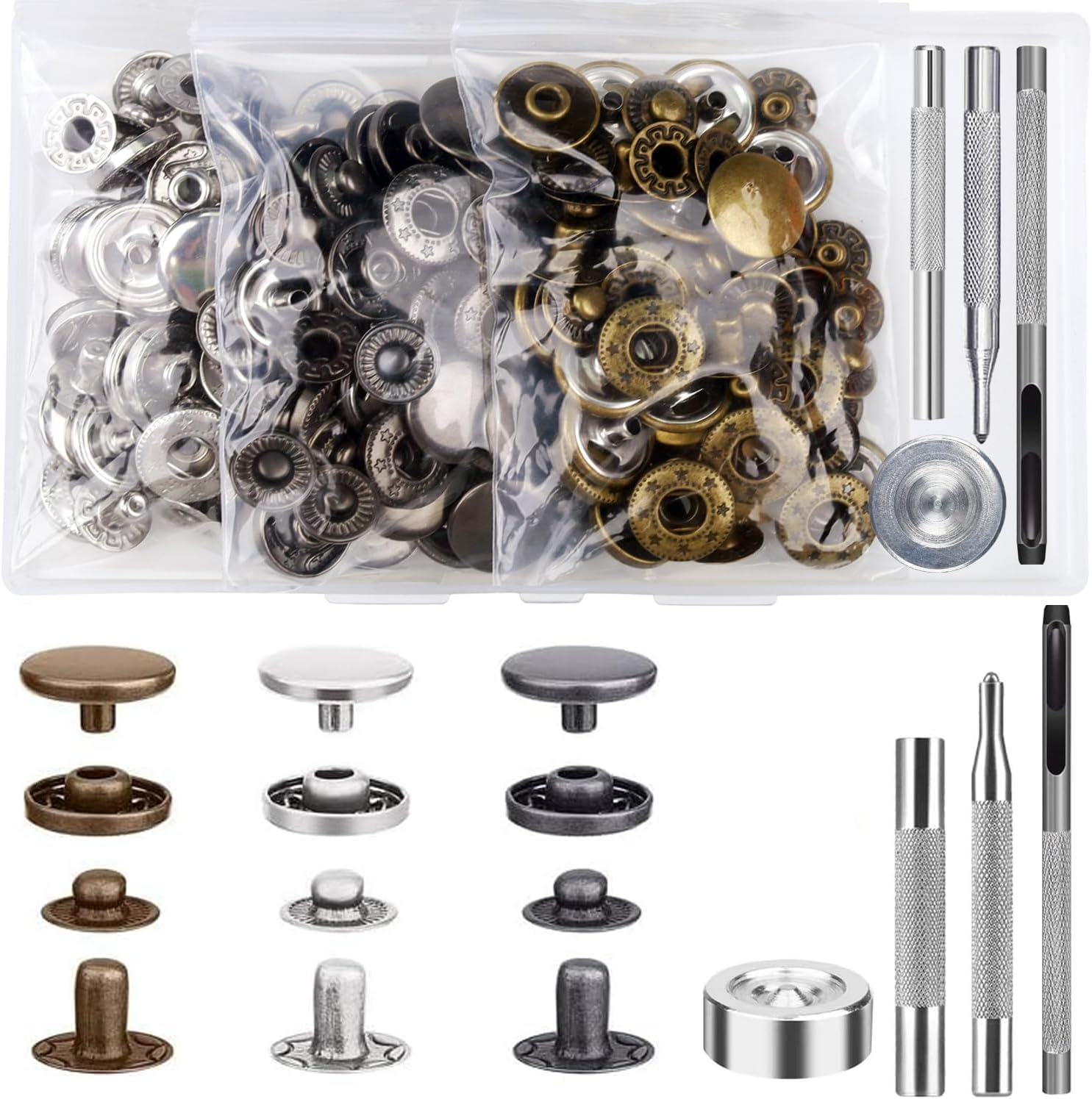 45 Leather Snaps Kit, 15Mm Fasteners with 4 Tools, 3 Colors for Craft Projects