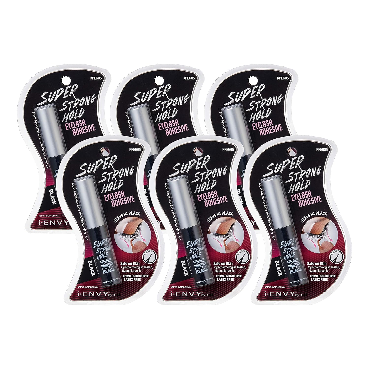 Super Strong Hold Eyelash Adhesive, Waterproof, 48-Hour Long-Lasting Lash Glue, Latex-Free, Hypoallergenic, Quick-Drying with Brush-On Applicator for Strip Lashes (Black, 6 Pack)