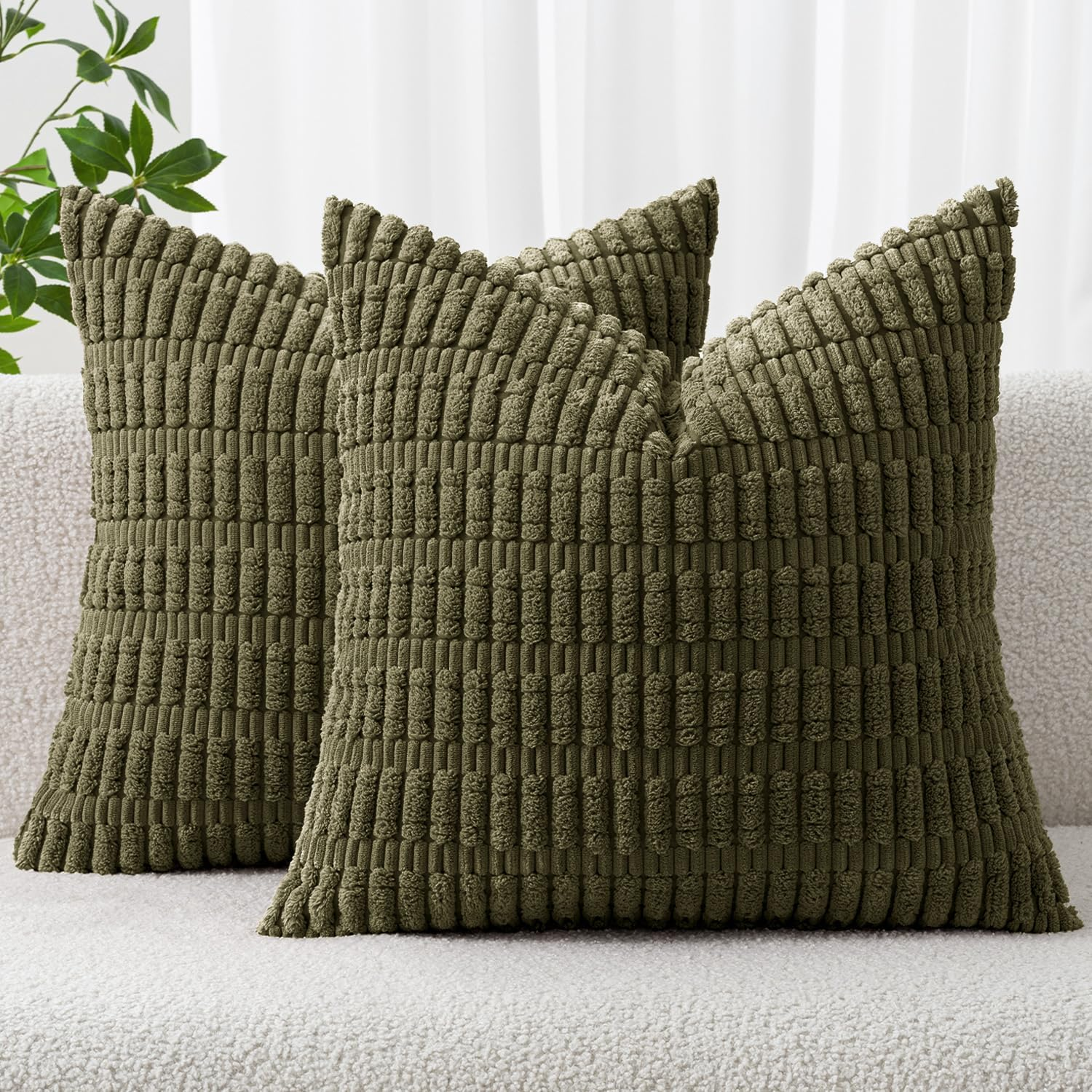 Pack of 2 Spring Corduroy Decorative Throw Pillow Covers 18x18 Inch Soft Boho Striped Pillow Covers Modern Farmhouse Home Decor for Summer Sofa Living Room Couch Bed Olive Green