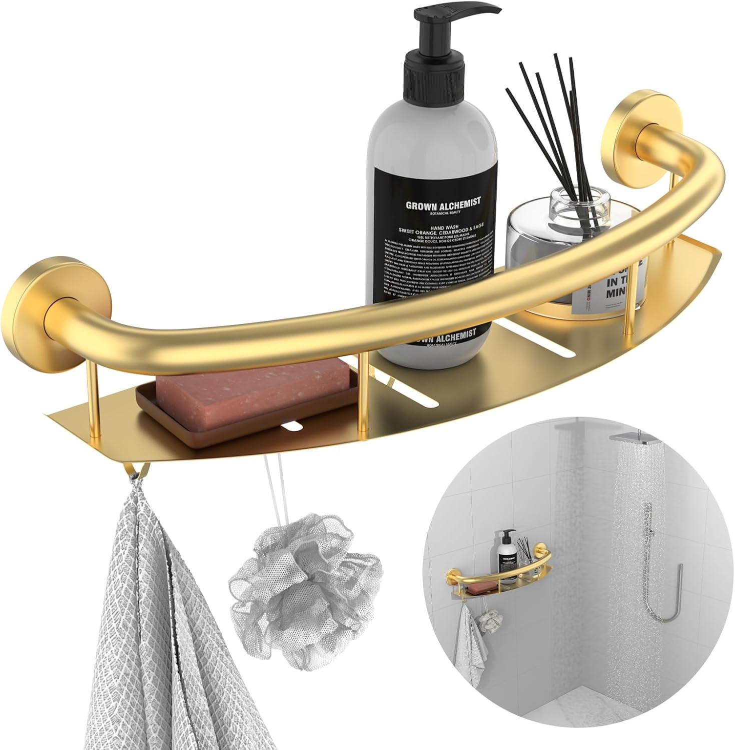 Gold 18-inch Safety Grab Bar with Storage Shelf for Bathtub or Shower Draina...