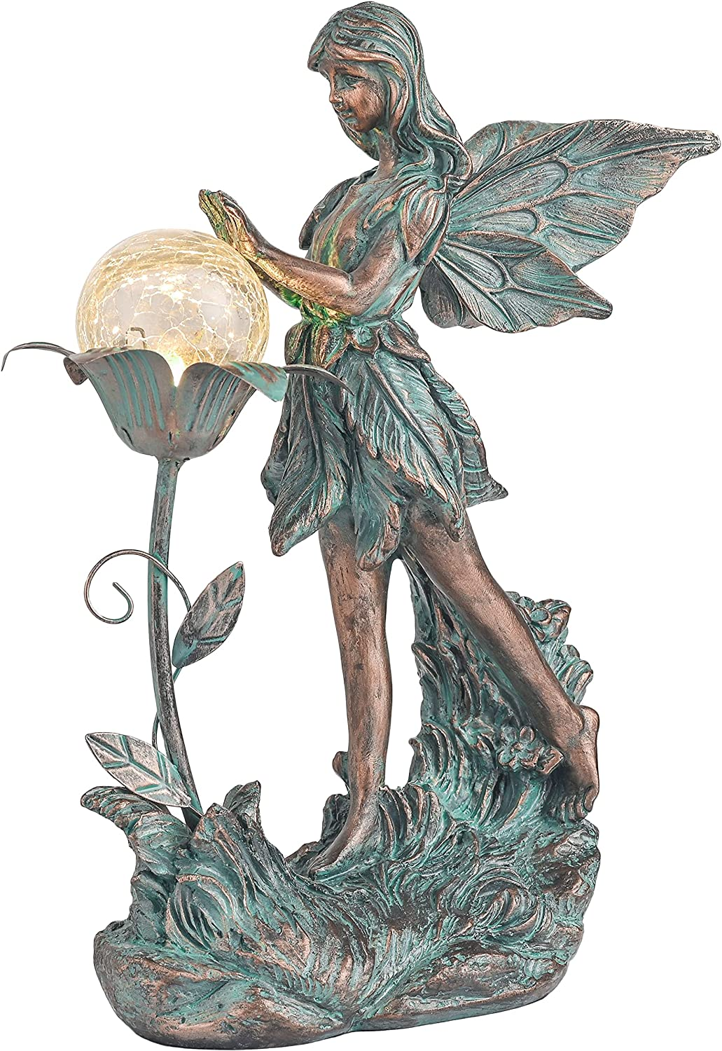 Large Garden Fairy Statue with Solar Lights Nd Crackle Glass Globe Bronze Patina