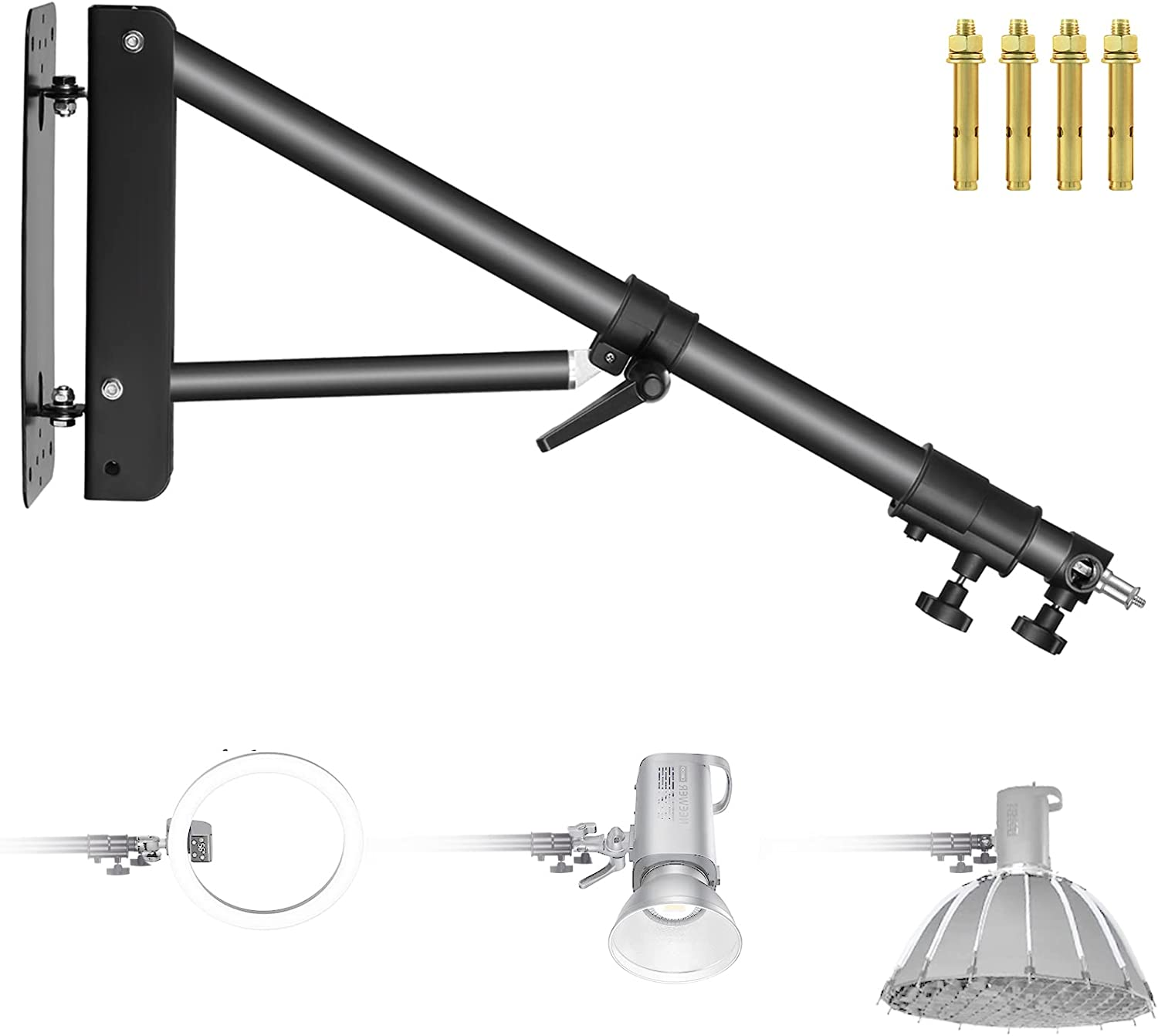 Wall Mounting Triangle Boom Arm for Photography Strobe Light, Monolight, Softbox, Umbrella, Reflector and Ring Light, Support 180 Degree Rotation, Max Length 4 Feet/125Cm (Black)